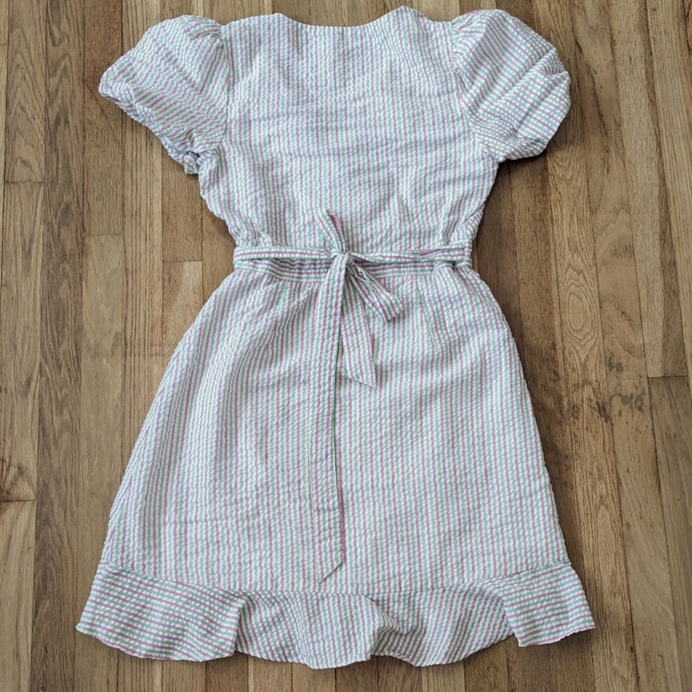 Draper James RSVP Puff Sleeve Wrap  Seersucker Ruffle Striped Dress - Picture 3 of 6